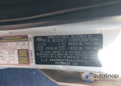 2016 Kia Rio Lx из США, поврежденный, VIN KNADM4A38G6659003